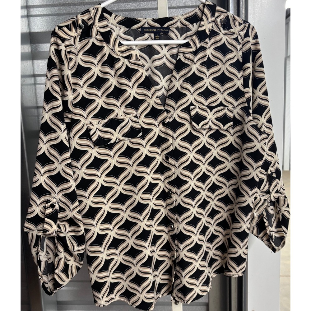 Adrienne Vittadini Geometric Print Roll Tab Blouse Black Tan L